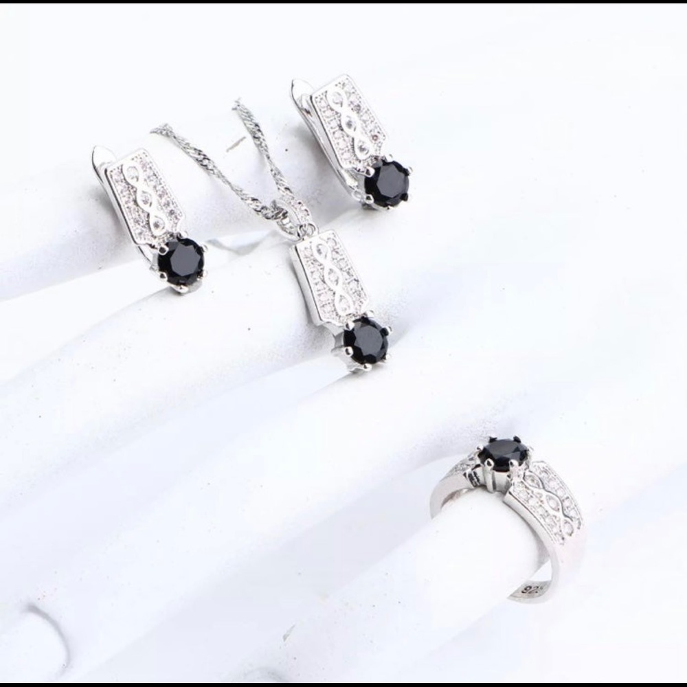 925 Sterling Silver jewelry, black zircon stone,Earring , Ring and Necklace